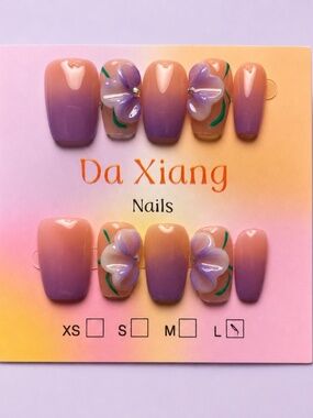 NEW Purple Ombre Short Coffin Press-On Nails | 3D Flower/Rhinestone | Large